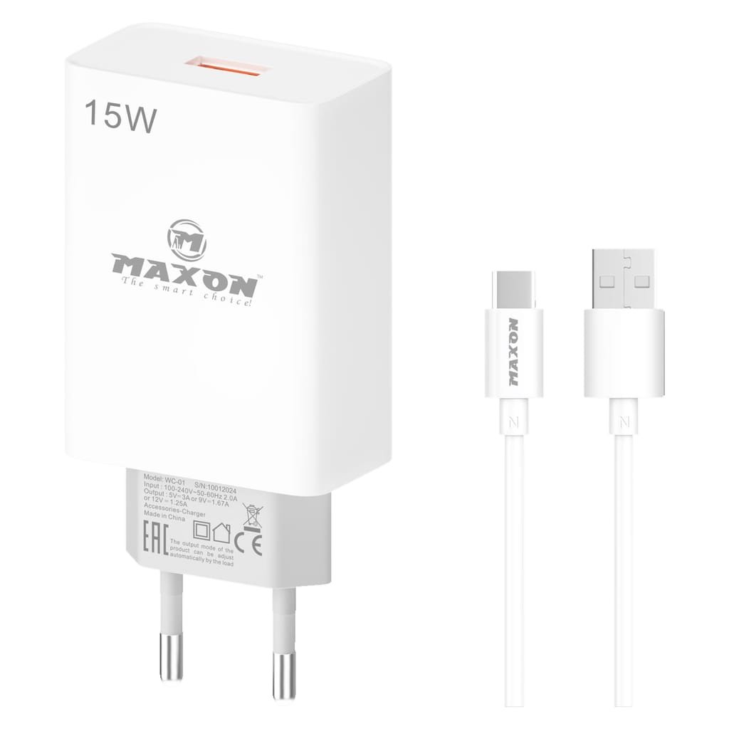 MAXON WC-01 Fast Charger 15W QC | Type-C Charger With Cable | Quick Charge Adapter For Infinix, Tecno, Samsung, Android | 12 Months Warranty
